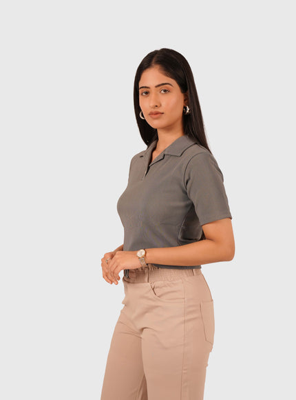 Women’s Grey Polo Crop T-Shirt with Button