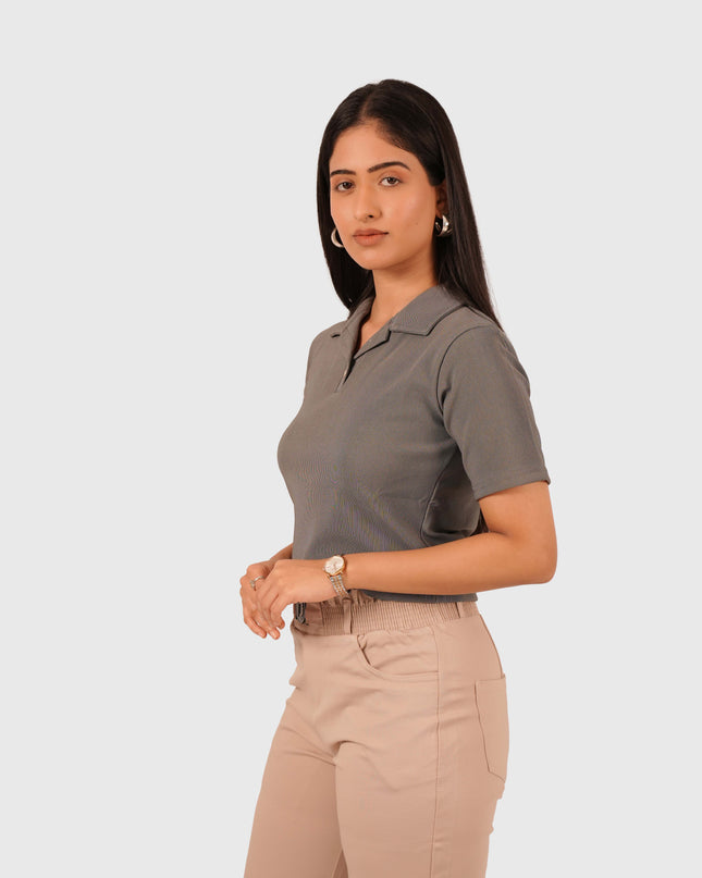 Women’s Grey Polo Crop T-Shirt with Button