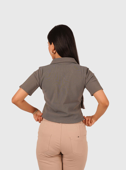Women’s Grey Polo Crop T-Shirt with Button