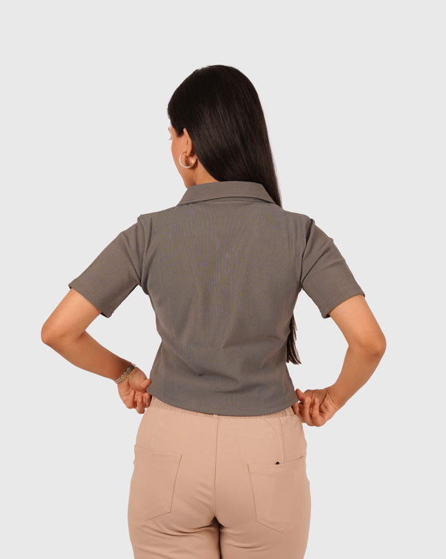 Women’s Grey Polo Crop T-Shirt with Button