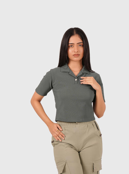 Women’s Olive Green Polo Crop T-Shirt with Button