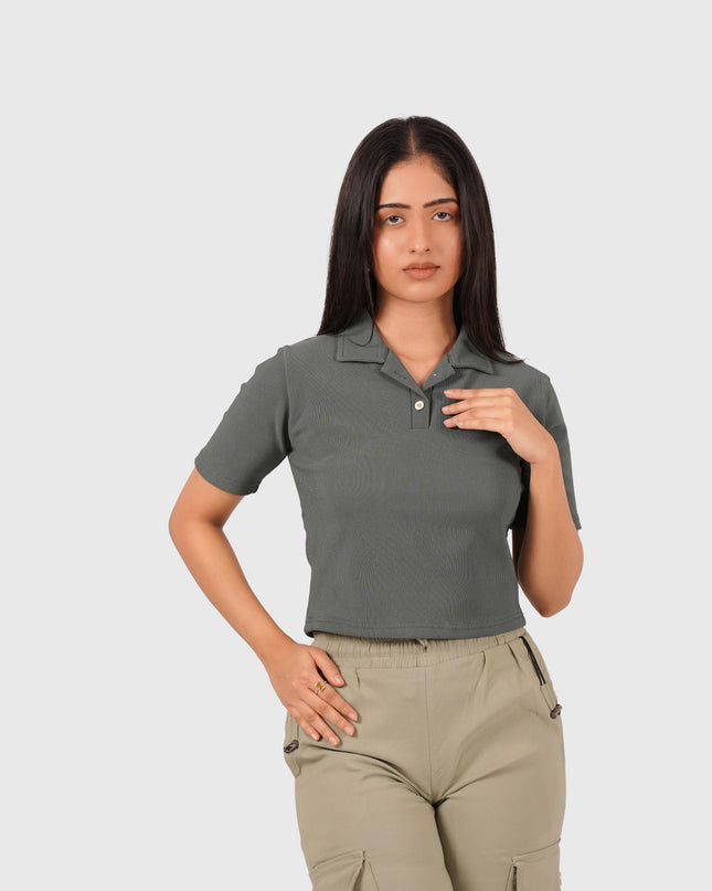 Women’s Olive Green Polo Crop T-Shirt with Button