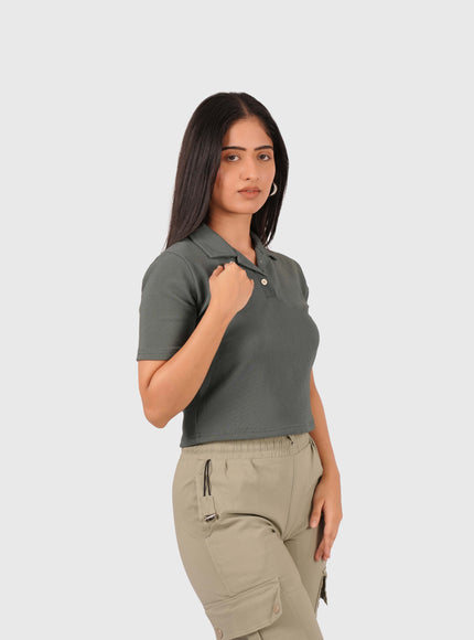 Women’s Olive Green Polo Crop T-Shirt with Button