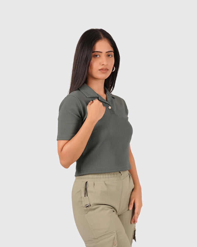 Women’s Olive Green Polo Crop T-Shirt with Button