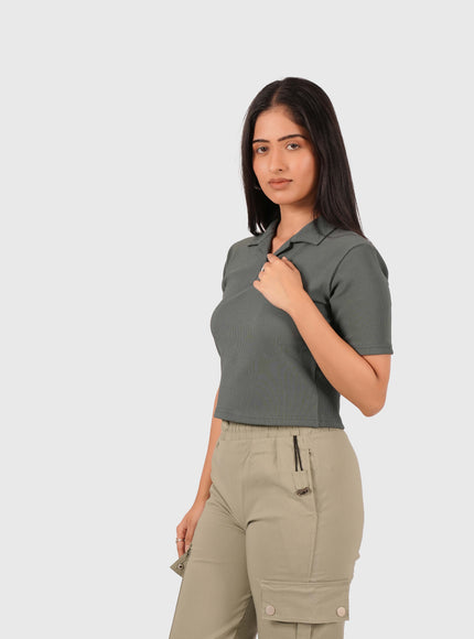 Women’s Olive Green Polo Crop T-Shirt with Button
