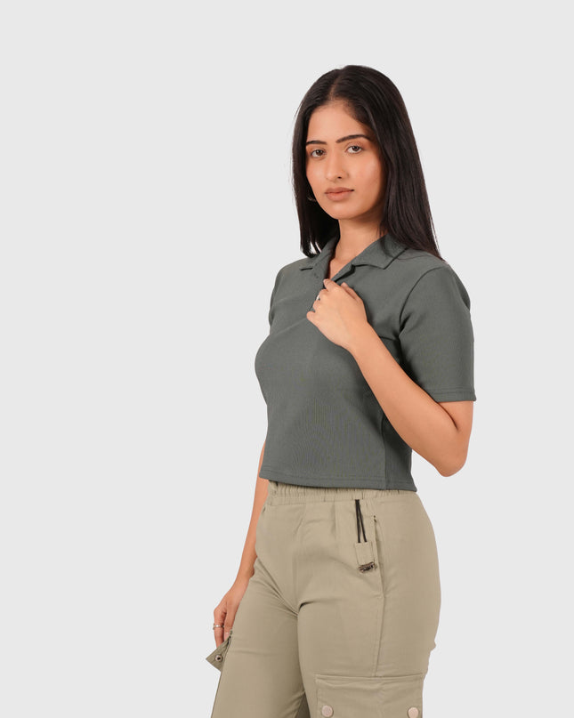 Women’s Olive Green Polo Crop T-Shirt with Button