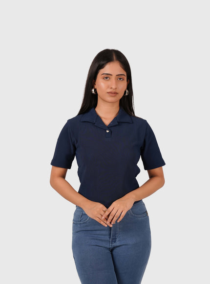 Women’s Navy Blue Polo Crop T-Shirt with Button