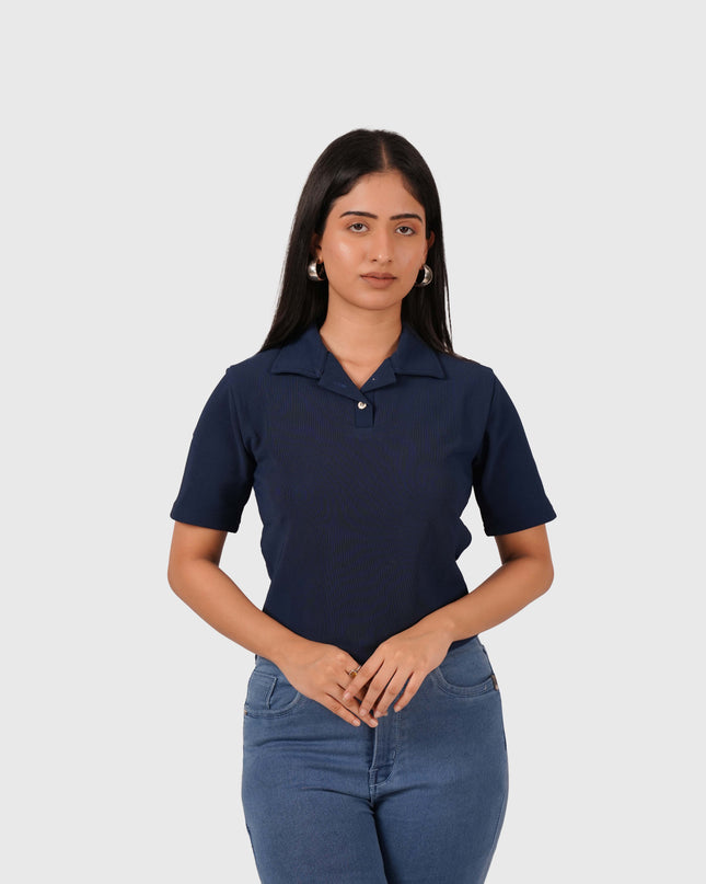 Women’s Navy Blue Polo Crop T-Shirt with Button