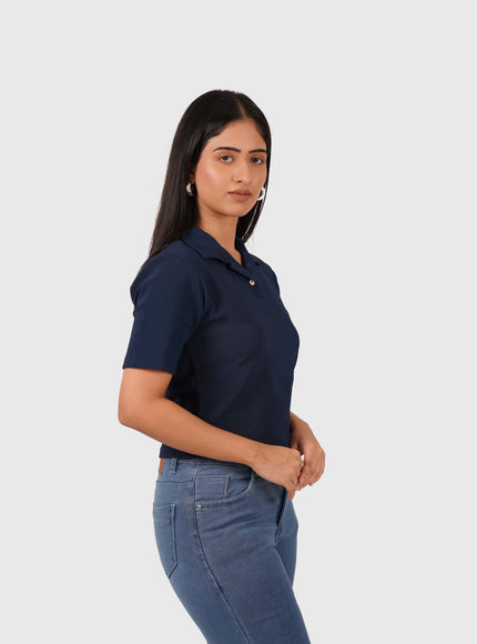 Women’s Navy Blue Polo Crop T-Shirt with Button