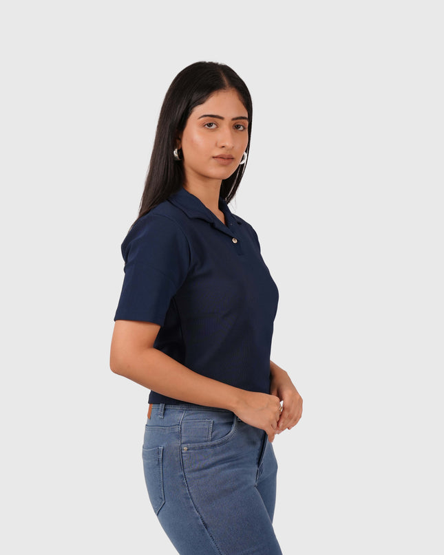 Women’s Navy Blue Polo Crop T-Shirt with Button