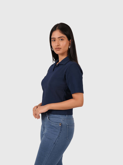 Women’s Navy Blue Polo Crop T-Shirt with Button