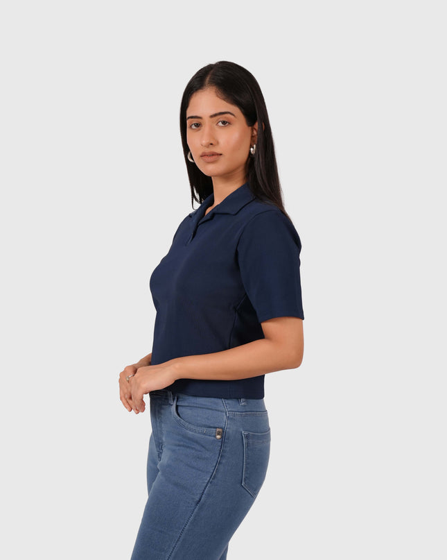 Women’s Navy Blue Polo Crop T-Shirt with Button