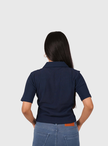 Women’s Navy Blue Polo Crop T-Shirt with Button