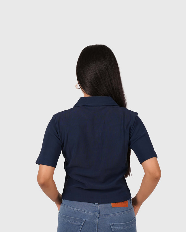 Women’s Navy Blue Polo Crop T-Shirt with Button