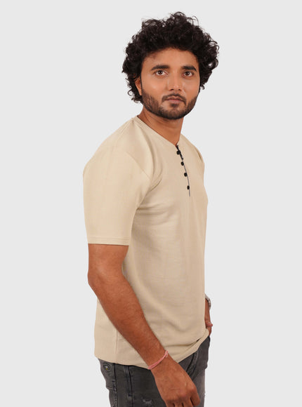 Men’s Nude Beige Half-Zip Casual T-Shirt