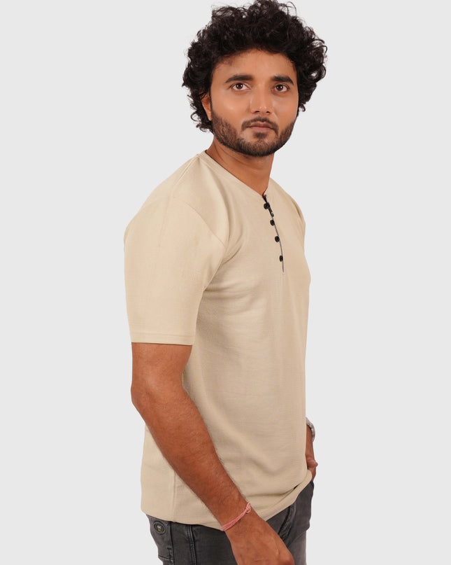 Men’s Nude Beige Half-Zip Casual T-Shirt