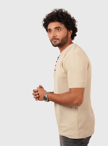 Men’s Nude Beige Half-Zip Casual T-Shirt