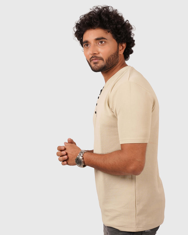 Men’s Nude Beige Half-Zip Casual T-Shirt