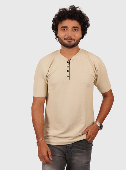 Men’s Nude Beige Half-Zip Casual T-Shirt