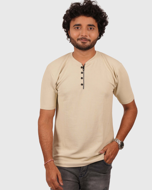 Men’s Nude Beige Half-Zip Casual T-Shirt