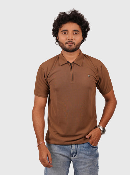Men’s Brown Polo T-Shirt with Zip Collar – Casual Regular Fit