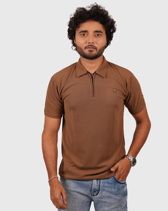 Men’s Brown Polo T-Shirt with Zip Collar – Casual Regular Fit