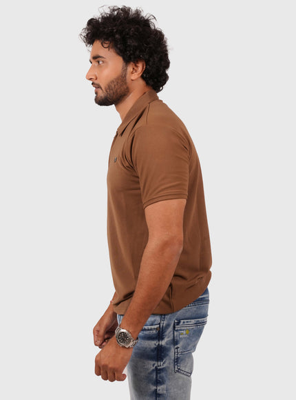 Men’s Brown Polo T-Shirt with Zip Collar – Casual Regular Fit