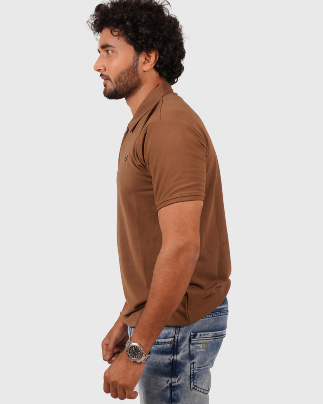 Men’s Brown Polo T-Shirt with Zip Collar – Casual Regular Fit