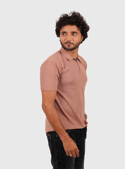 Men’s Dusty Pink Polo T-Shirt with Zip Collar – Casual Regular Fit