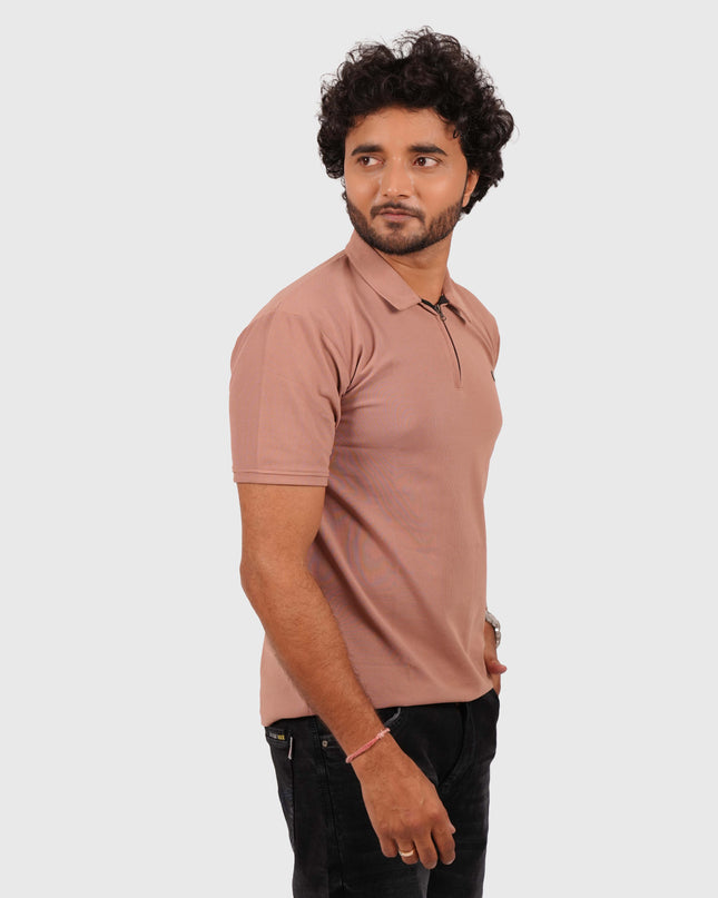 Men’s Dusty Pink Polo T-Shirt with Zip Collar – Casual Regular Fit