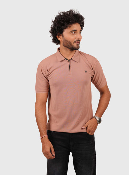 Men’s Dusty Pink Polo T-Shirt with Zip Collar – Casual Regular Fit