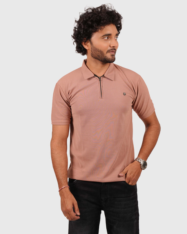 Men’s Dusty Pink Polo T-Shirt with Zip Collar – Casual Regular Fit