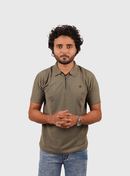 Men’s Olive Green Polo T-Shirt with Zip Collar – Casual Regular Fit