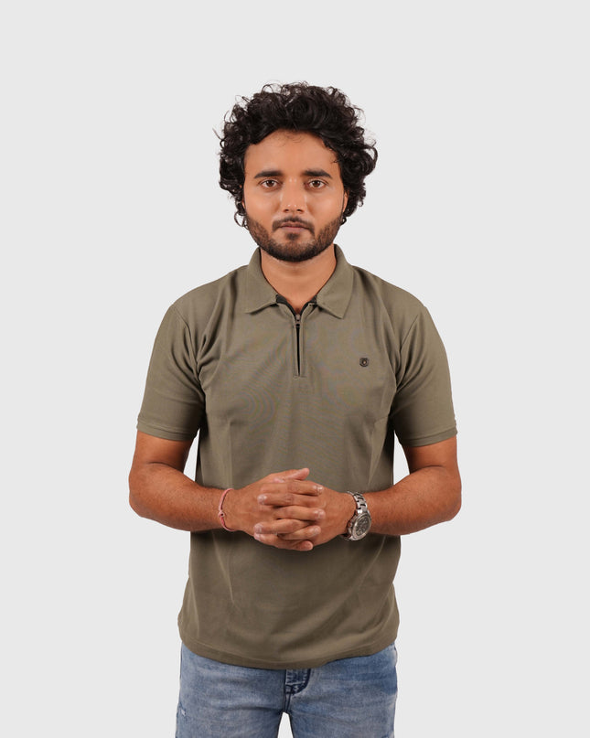 Men’s Olive Green Polo T-Shirt with Zip Collar – Casual Regular Fit