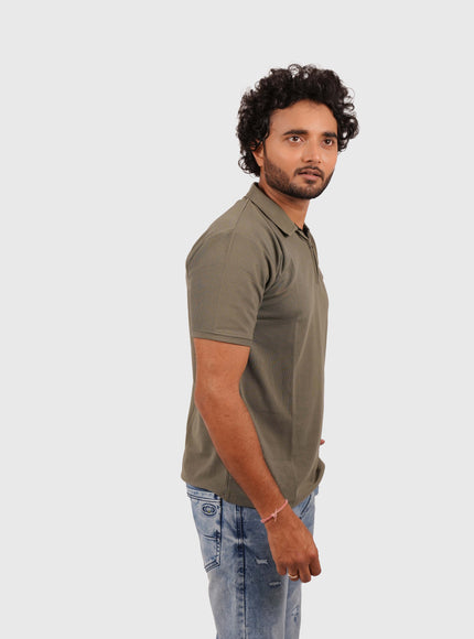 Men’s Olive Green Polo T-Shirt with Zip Collar – Casual Regular Fit