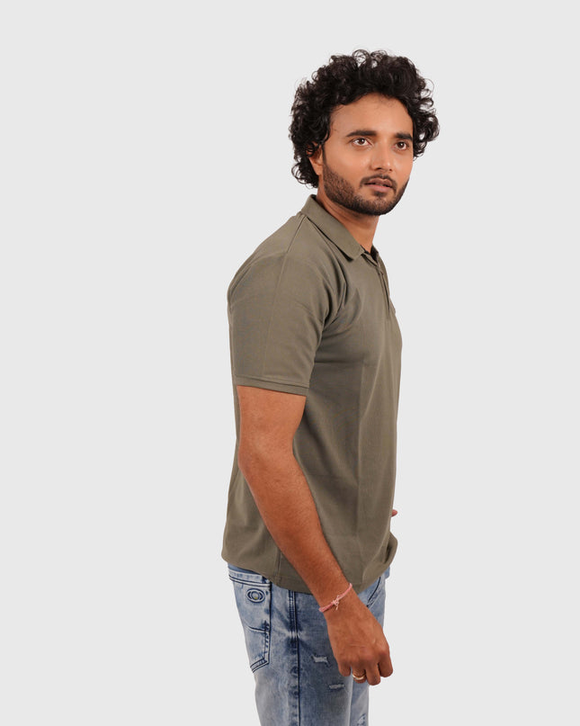 Men’s Olive Green Polo T-Shirt with Zip Collar – Casual Regular Fit