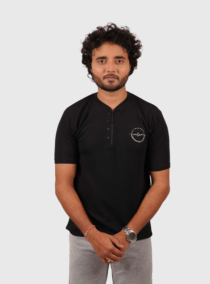 Men’s Jet Black Half-Zip Casual T-Shirt