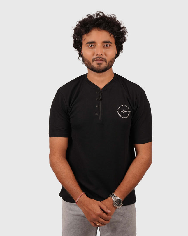 Men’s Jet Black Half-Zip Casual T-Shirt