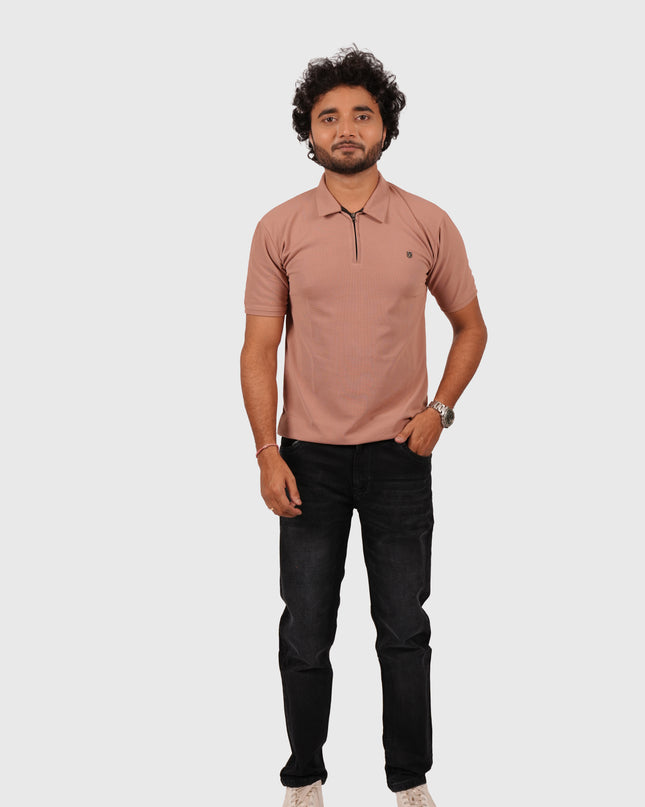 Men’s Dusty Pink Polo T-Shirt with Zip Collar – Casual Regular Fit