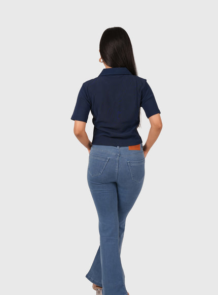 Women’s Navy Blue Polo Crop T-Shirt with Button